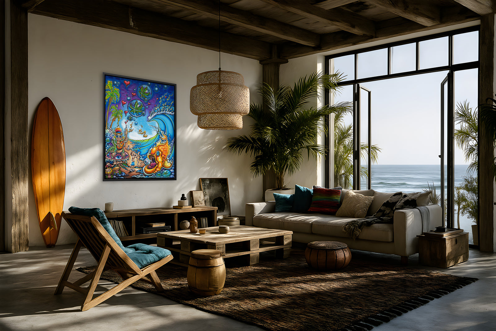 “Sublime Day” by Drew Brophy: beach scene with Eric as Alice’s Caterpillar, Bud Gaugh on bongos, Brad Nowell as "bad fish"