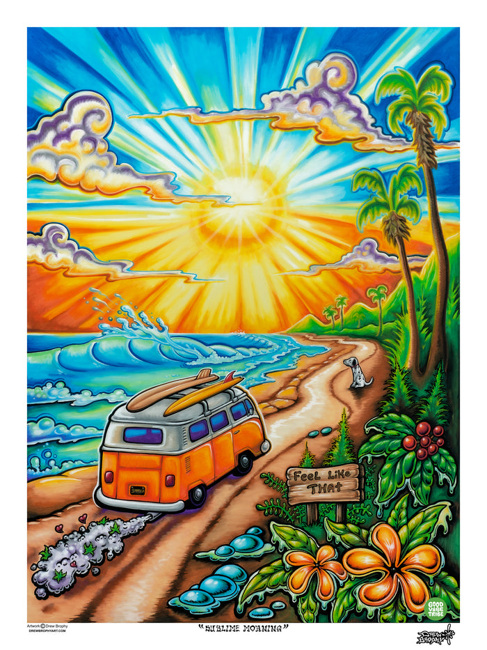 Drew Brophy “Sublime Morning” surf art print featuring dawn-patrolling VW bus, surfers, pup Lou Dog, and sunrise wave in psychedelic sacred geometry style