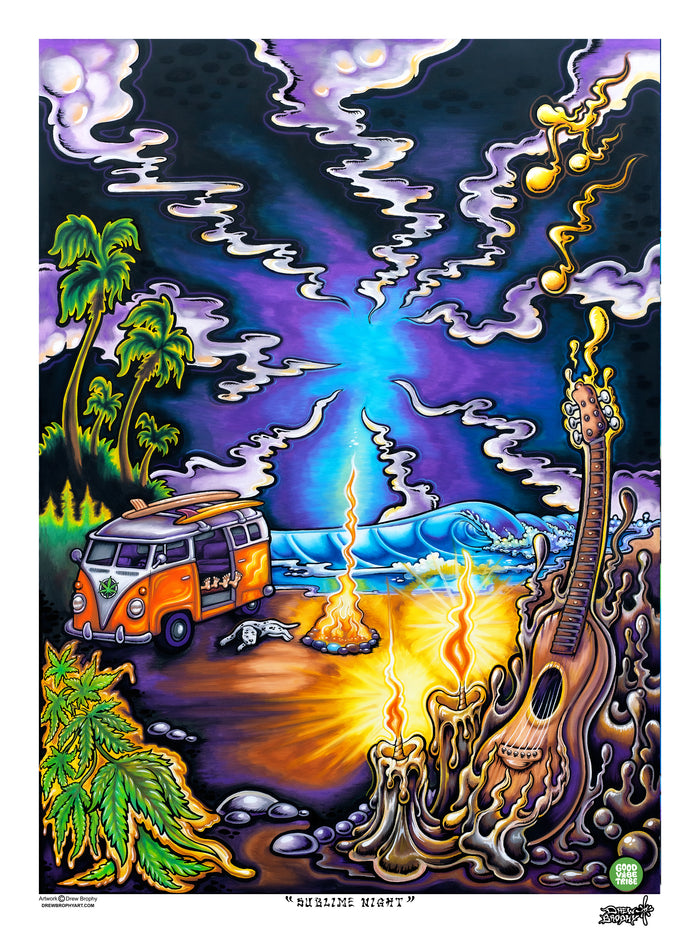 Drew Brophy “Sublime Night” surf art print featuring VW van campfire by the ocean at sunset, surfer’s girlfriend, and Lou Dog curled up—psychedelic evening sacred geometry style
