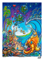 “Sublime Day” by Drew Brophy: beach scene with Eric as Alice’s Caterpillar, Bud Gaugh on bongos, Brad Nowell as 
