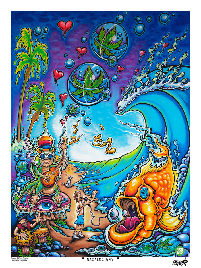 “Sublime Day” by Drew Brophy: beach scene with Eric as Alice’s Caterpillar, Bud Gaugh on bongos, Brad Nowell as 