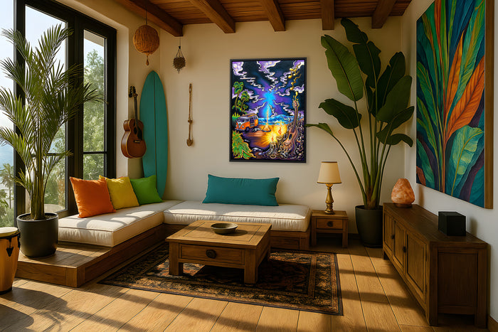 Drew Brophy “Sublime Night” surf art print featuring VW van campfire by the ocean at sunset, surfer’s girlfriend, and Lou Dog curled up—psychedelic evening sacred geometry style