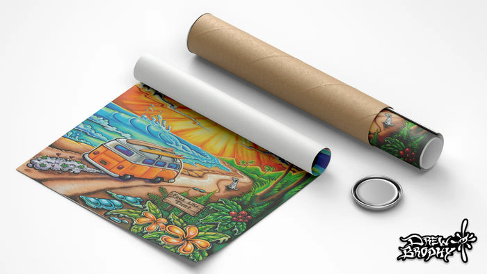 Drew Brophy “Sublime Morning” surf art print featuring dawn-patrolling VW bus, surfers, pup Lou Dog, and sunrise wave in psychedelic sacred geometry style