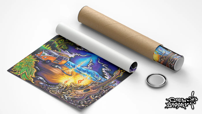 Drew Brophy “Sublime Night” surf art print featuring VW van campfire by the ocean at sunset, surfer’s girlfriend, and Lou Dog curled up—psychedelic evening sacred geometry style